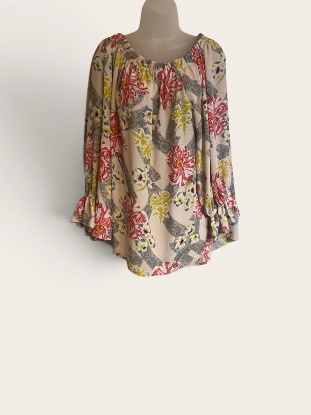 Cream Floral Ruffle-Sleeve Blouse w/Pretty Red & Yellow Print PLUS: 3X #14